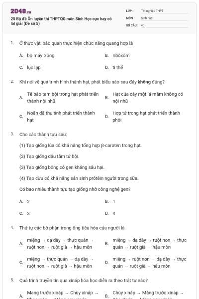 25 Bộ đề Ôn luyện thi THPTQG môn Sinh Học cực hay có lời giải (Đề số 5)
