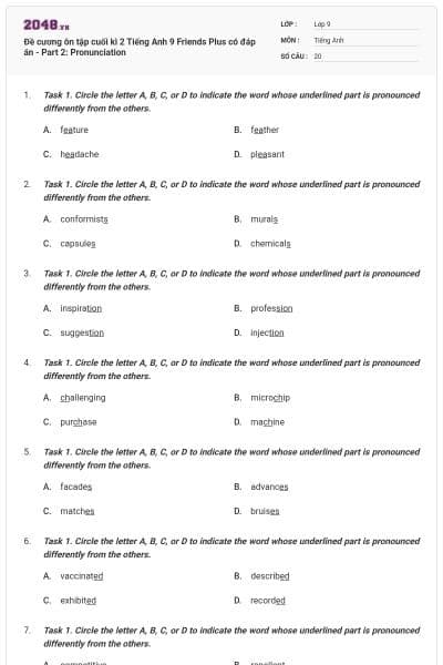 Đề cương ôn tập cuối kì 2 Tiếng Anh 9 Friends Plus có đáp án - Part 2: Pronunciation