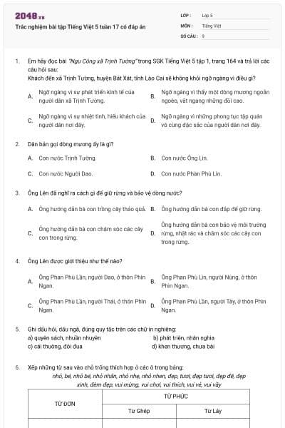 Trắc nghiệm bài tập Tiếng Việt 5 tuần 17 có đáp án