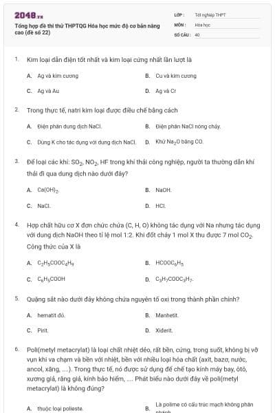 Tổng hợp đề thi thử THPTQG Hóa học mức độ cơ bản nâng cao (đề số 22)