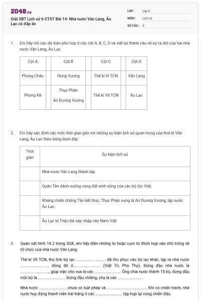 Giải SBT Lịch sử 6 CTST Bài 14: Nhà nước Văn Lang, Âu Lạc có đáp án