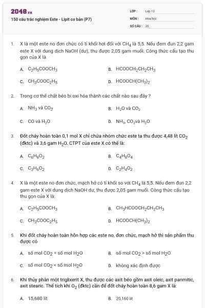 150 câu trắc nghiệm Este - Lipit cơ bản (P7)