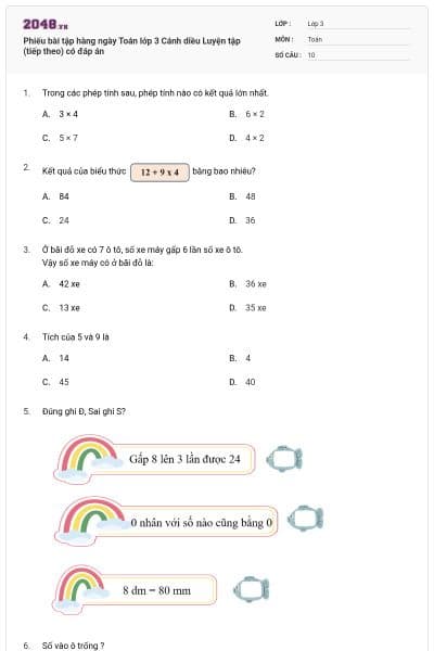 Phiếu bài tập hàng ngày Toán lớp 3 Cánh diều Luyện tập (tiếp theo) có đáp án