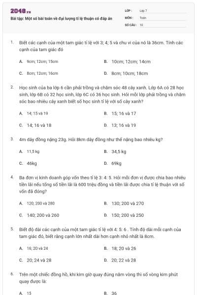 Bài tập: Một số bài toán về đại lượng tỉ lệ thuận có đáp án