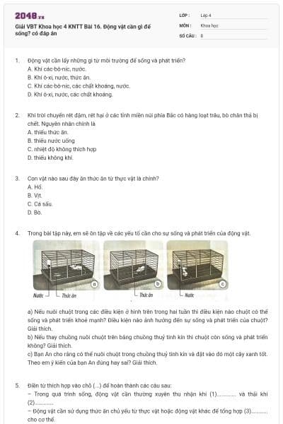 Giải VBT Khoa học 4 KNTT Bài 16. Động vật cần gì để sống? có đáp án