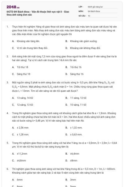 ĐGTD ĐH Bách khoa - Vấn đề thuộc lĩnh vực vật lí - Giao thoa ánh sáng đơn sắc