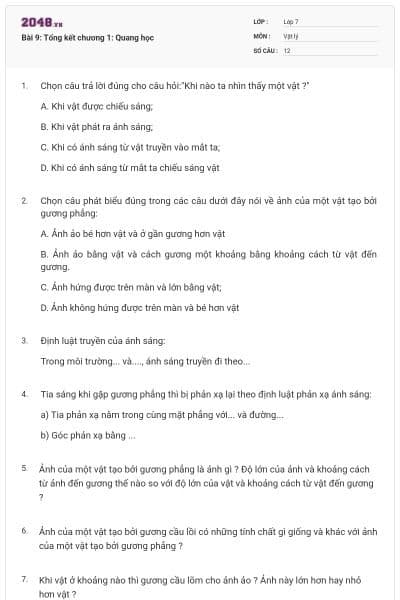 Bài 9: Tổng kết chương 1: Quang học