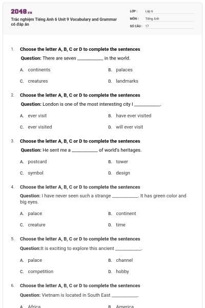 Trắc nghiệm Tiếng Anh 6 Unit 9 Vocabulary and Grammar có đáp án