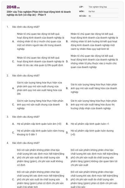 200+ câu Trắc nghiệm Phân tích hoạt động kinh tế doanh nghiệp du lịch (có đáp án) - Phần 9