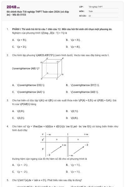 Đề chính thức Tốt nghiệp THPT Toán năm 2026 (có đáp án) - Mã đề 0103