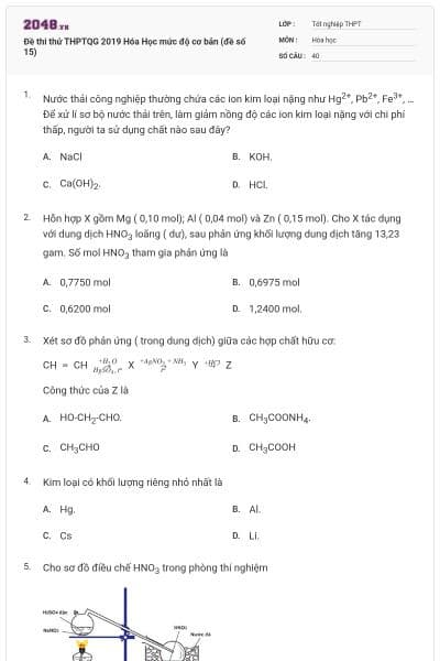 Đề thi thử THPTQG 2019 Hóa Học mức độ cơ bản (đề số 15)