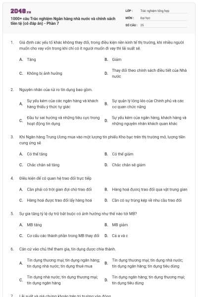 1000+ câu Trắc nghiệm Ngân hàng nhà nước và chính sách tiền tệ (có đáp án) - Phần 7