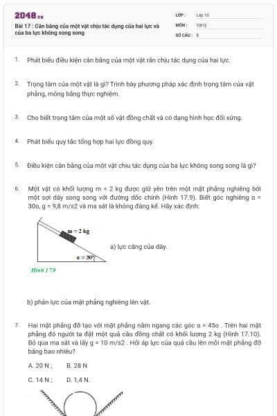 Bài 17 : Cân bằng của một vật chịu tác dụng của hai lực và của ba lực không song song