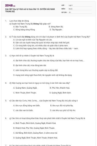 Giải SBT Địa lý 9 Kết nối tri thức Bài 15. DUYÊN HẢI NAM TRUNG BỘ