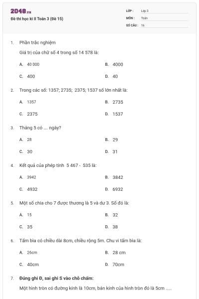 Đề thi học kì II Toán 3 (Đề 15)