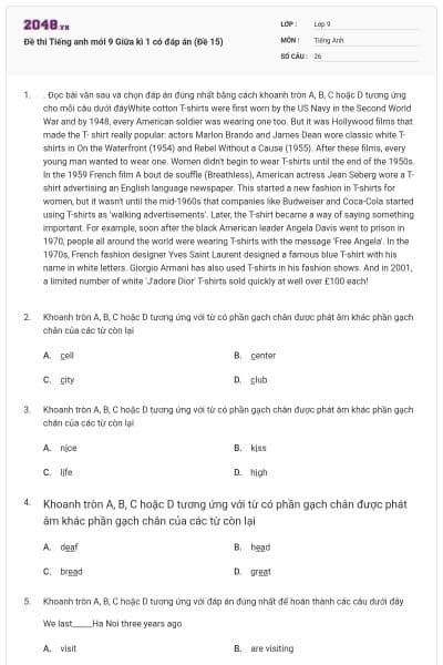 Đề thi Tiếng anh mới 9 Giữa kì 1 có đáp án (Đề 15)