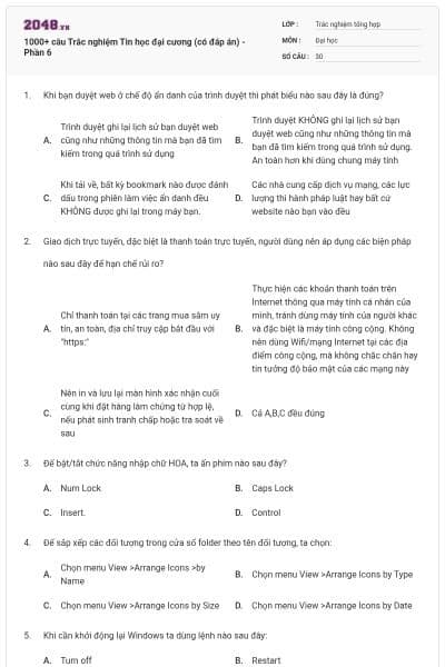 1000+ câu Trắc nghiệm Tin học đại cương (có đáp án) - Phần 6