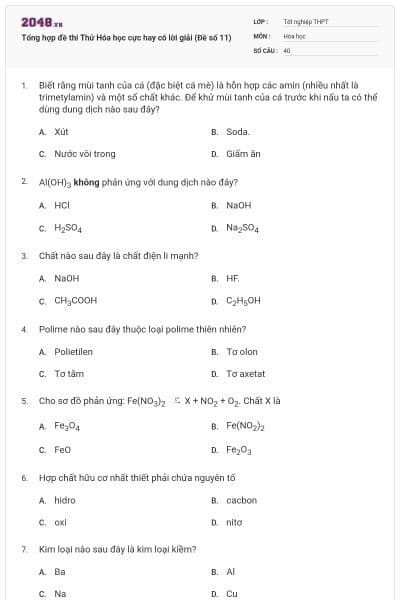 Tổng hợp đề thi Thử Hóa học cực hay có lời giải (Đề số 11)