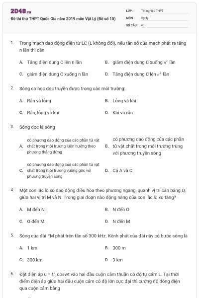 Đề thi thử THPT Quốc Gia năm 2019 môn Vật Lý (Đề số 15)