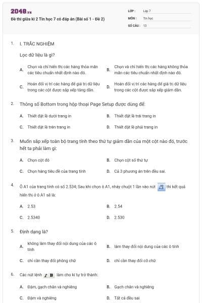 Đề thi giữa kì 2 Tin học 7 có đáp án (Bài số 1 - Đề 2)