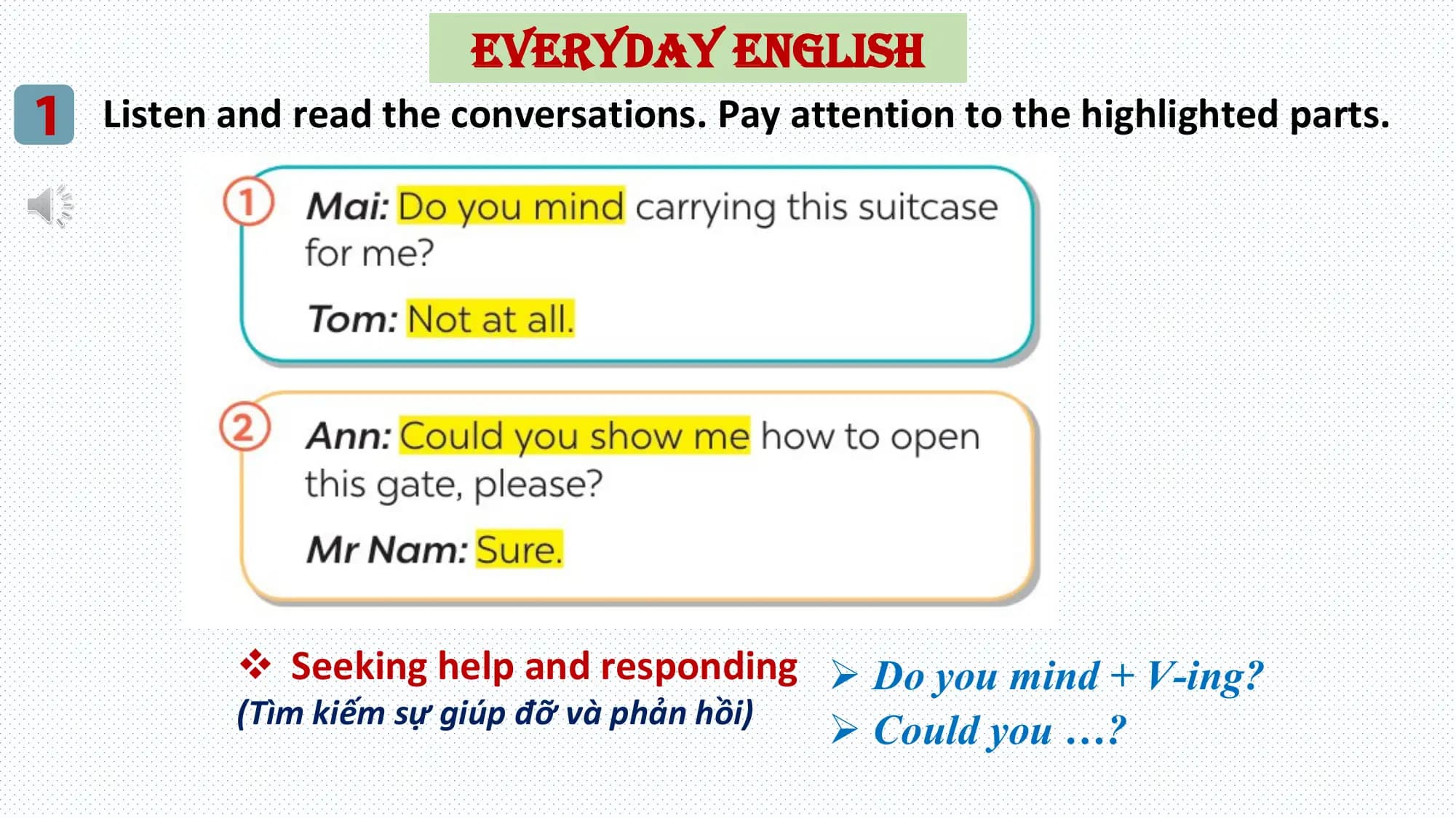 EVERYDAY ENGLISH
1 Listen and read the conversations. Pay attention to the highlighted parts.

 v Seeking help and responding Ø Do you mind + V-ing?
 (Tìm kiếm sự giúp đỡ và phản hồi)
 Ø Could you …?