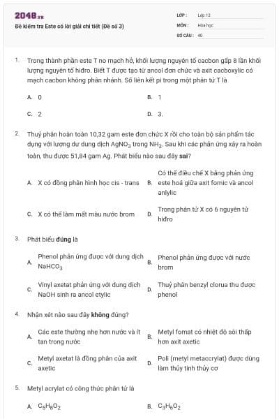 Đề kiểm tra Este có lời giải chi tiết (Đề số 3)
