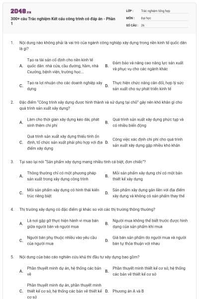 300+ câu Trắc nghiệm Kết cấu công trình có đáp án - Phần 1