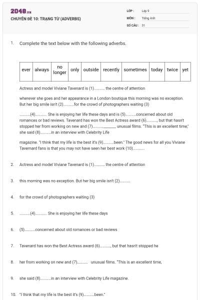 CHUYÊN ĐỀ 10: TRẠNG TỪ (ADVERBS)