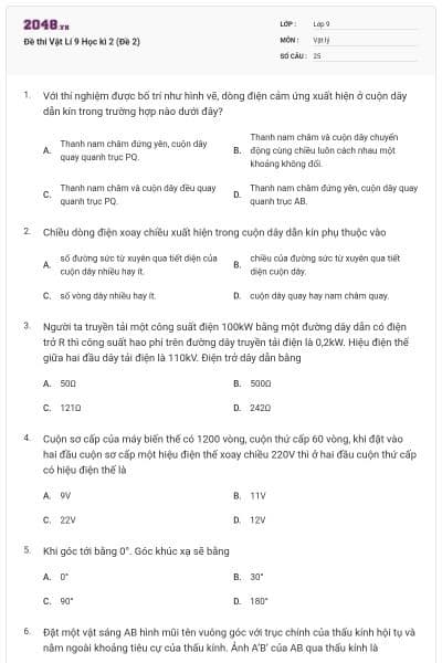 Đề thi Vật Lí 9 Học kì 2 (Đề 2)