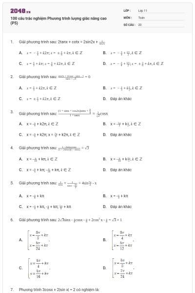 100 câu trắc nghiệm Phương trình lượng giác nâng cao (P5)