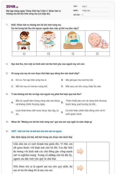 Bài tập hàng ngày Tiếng Việt lớp 5 Bài 2. Khúc hát ru những em bé lớn trên lưng mẹ (có đáp án)
