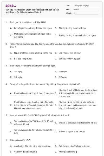 50+ câu Trắc nghiệm Chăm sóc sức khỏe sinh sản và các giai đoạn cuộc đời có đáp án - Phần 1