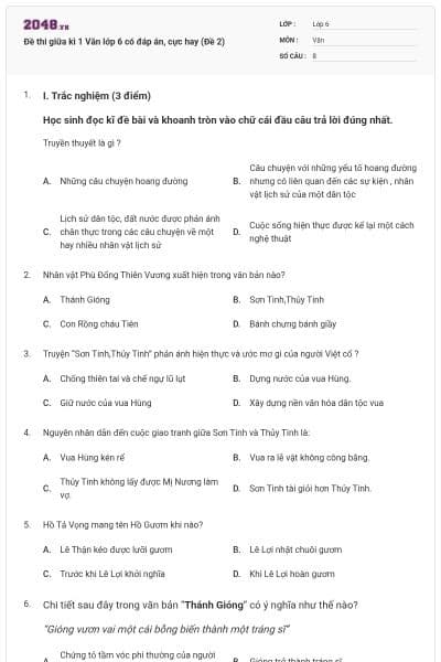 Đề thi giữa kì 1 Văn lớp 6 có đáp án, cực hay (Đề 2)
