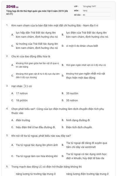 Tổng hợp đề thi thử thpt quốc gia môn Vật lí năm 2019 (đề số 21)