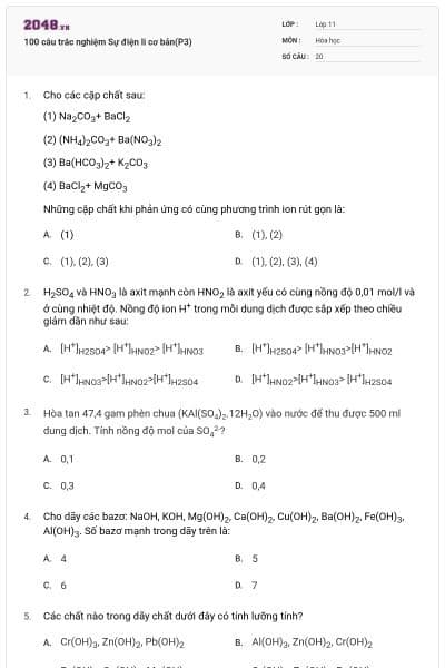 100 câu trắc nghiệm Sự điện li cơ bản(P3)
