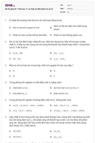 Đề thi giữa kì 1 Hóa học 11 có đáp án (Bài kiểm tra số 2)