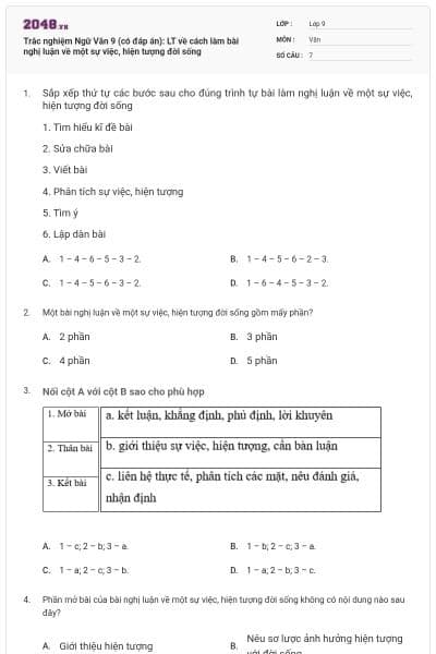Trắc nghiệm Ngữ Văn 9 (có đáp án): LT về cách làm bài nghị luận về một sự việc, hiện tượng đời sống