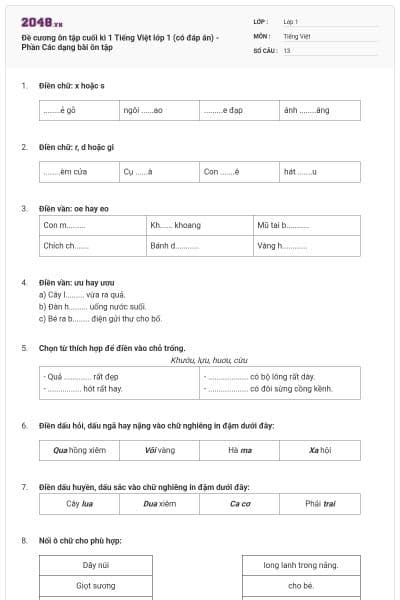 Đề cương ôn tập cuối kì 1 Tiếng Việt lớp 1 (có đáp án) - Phần Các dạng bài ôn tập