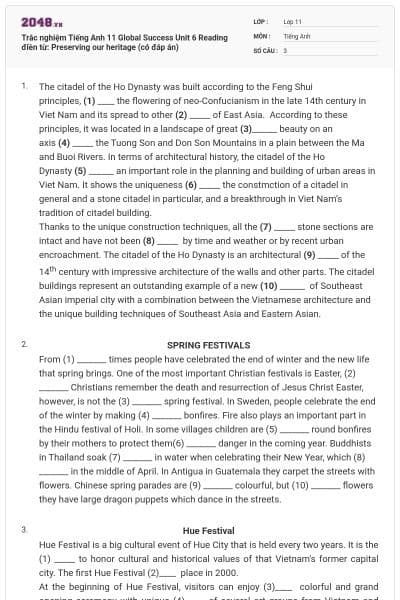Trắc nghiệm Tiếng Anh 11 Global Success Unit 6 Reading điền từ: Preserving our heritage (có đáp án)
