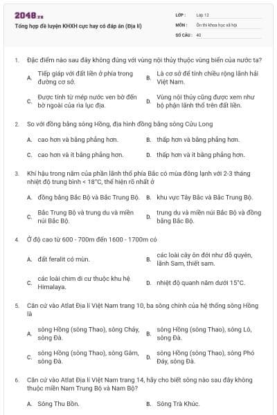 Tổng hợp đề luyện KHXH cực hay có đáp án (Địa lí)