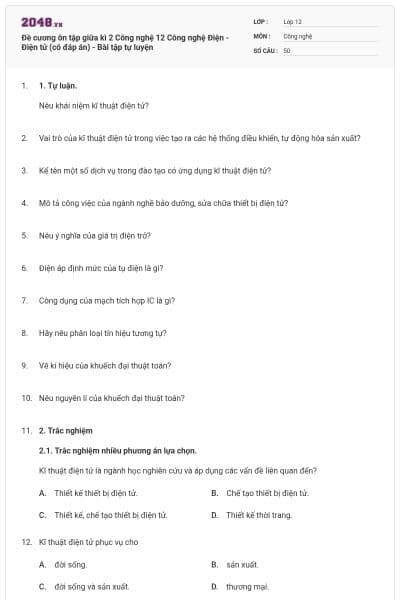 Đề cương ôn tập giữa kì 2 Công nghệ 12 Công nghệ Điện - Điện tử (có đáp án) - Bài tập tự luyện