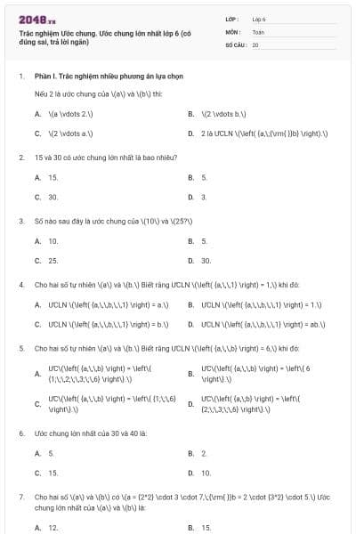 Trắc nghiệm Ước chung. Ước chung lớn nhất lớp 6 (có đúng sai, trả lời ngắn)