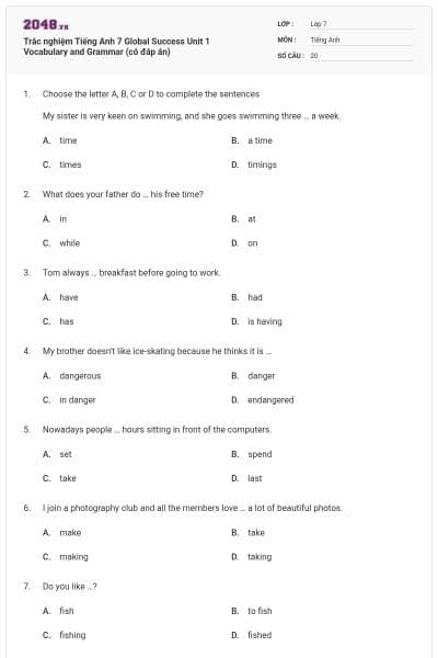 Trắc nghiệm Tiếng Anh 7 Global Success Unit 1 Vocabulary and Grammar (có đáp án)