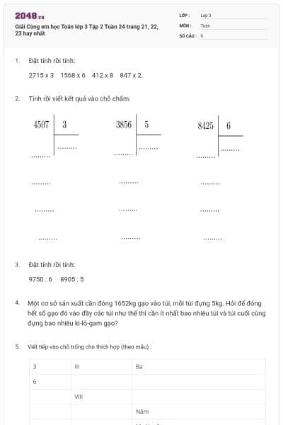 Giải Cùng em học Toán lớp 3 Tập 2 Tuần 24 trang 21, 22, 23 hay nhất