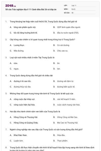 58 câu Trắc nghiệm Địa lí 11 Cánh diều Bài 26 có đáp án