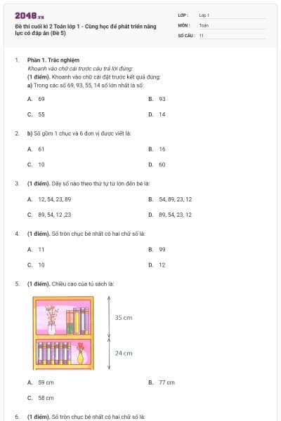 Đề thi cuối kì 2 Toán lớp 1 - Cùng học để phát triển năng lực có đáp án (Đề 5)
