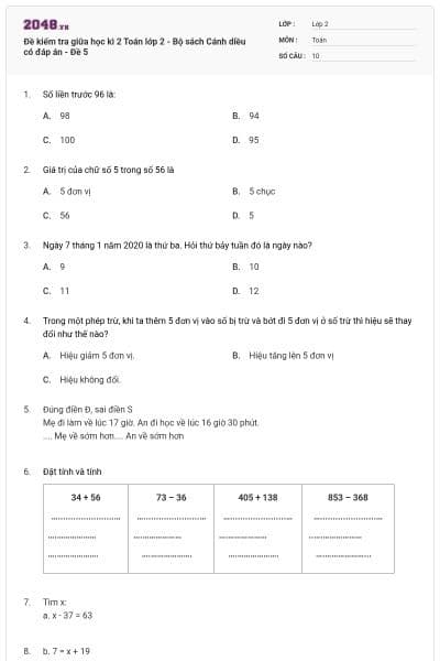 Đề kiểm tra giữa học kì 2 Toán lớp 2 - Bộ sách Cánh diều có đáp án - Đề 5