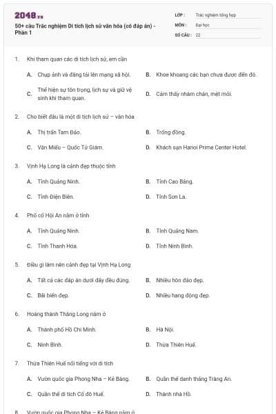 50+ câu Trắc nghiệm Di tích lịch sử văn hóa (có đáp án) - Phần 1