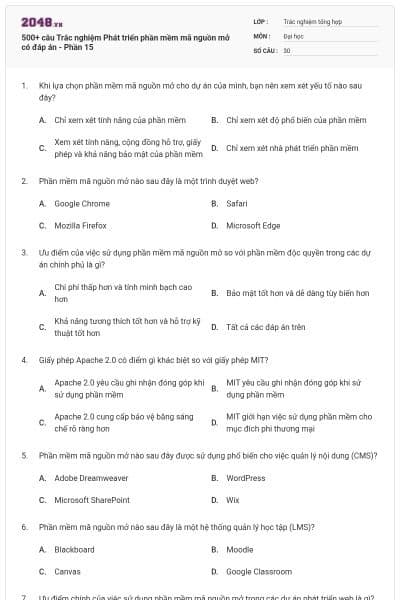 500+ câu Trắc nghiệm Phát triển phần mềm mã nguồn mở có đáp án - Phần 15