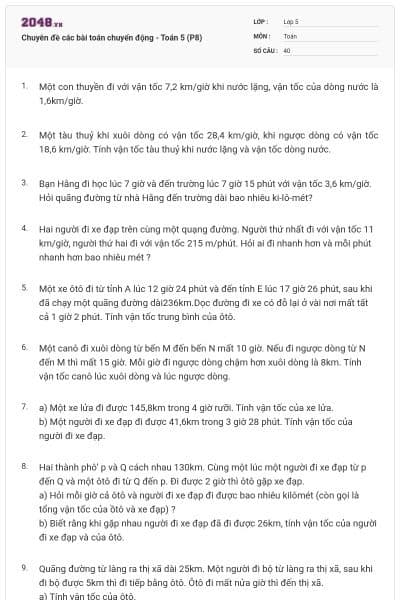 Chuyên đề các bài toán chuyển động - Toán 5 (P8)